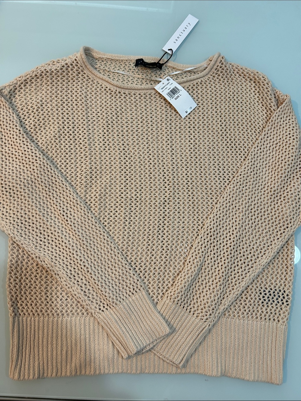 Sanctuary Open-Weave Crewneck Sweater in Light Beige
